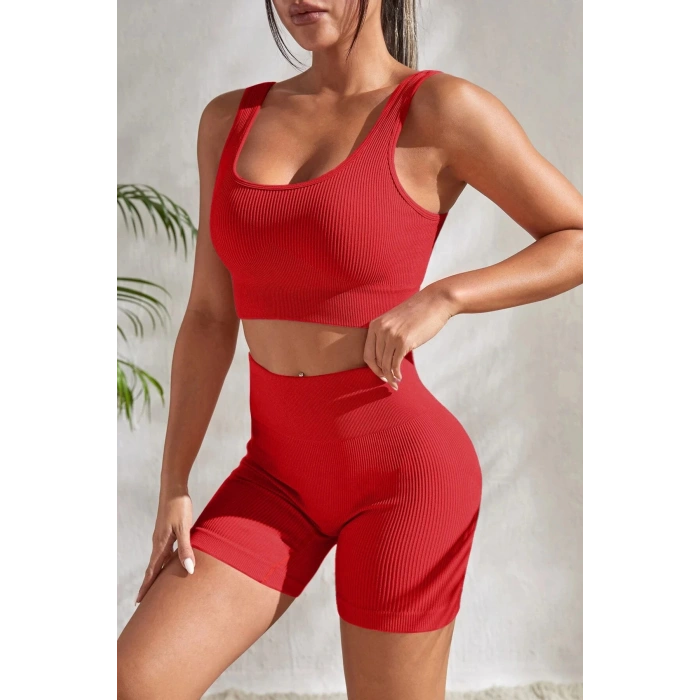 MARSiLYAN- Kadın Kırmızı Kalın Askılı Yüksek Bel Şortlu Gecelik Takımı