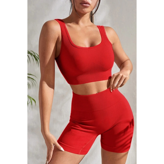 MARSiLYAN- Kadın Kırmızı Kalın Askılı Yüksek Bel Şortlu Gecelik Takımı