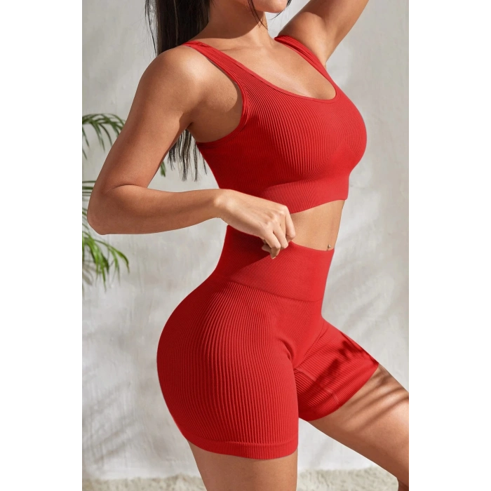 MARSiLYAN- Kadın Kırmızı Kalın Askılı Yüksek Bel Şortlu Gecelik Takımı