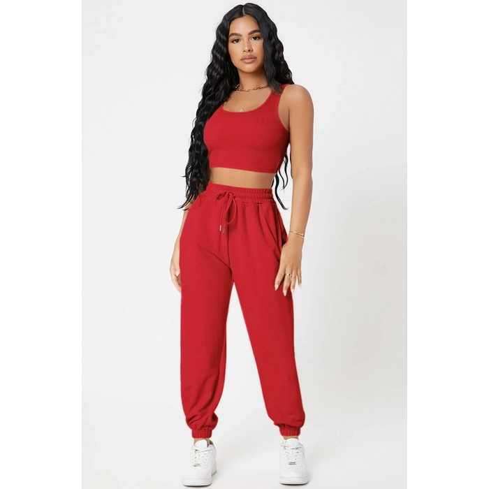MARSiLYAN- Kadın Kırmızı Kaşkorse Cepli Jogger Eşofman Altı ve Crop Top Bluz