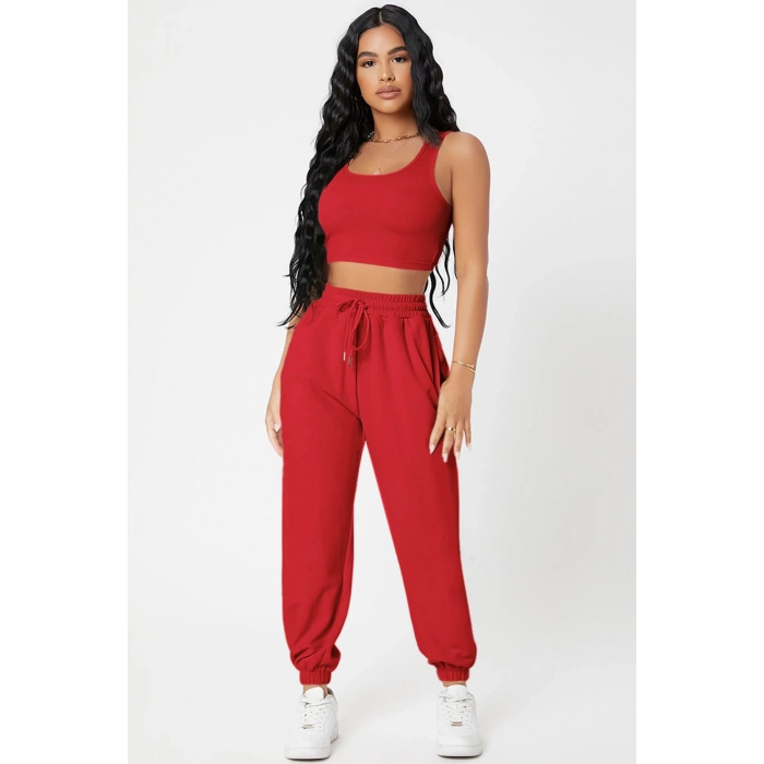 MARSiLYAN- Kadın Kırmızı Kaşkorse Cepli Jogger Eşofman Altı ve Crop Top Bluz