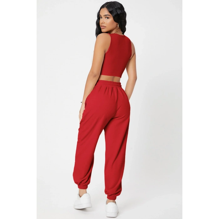 MARSiLYAN- Kadın Kırmızı Kaşkorse Cepli Jogger Eşofman Altı ve Crop Top Bluz