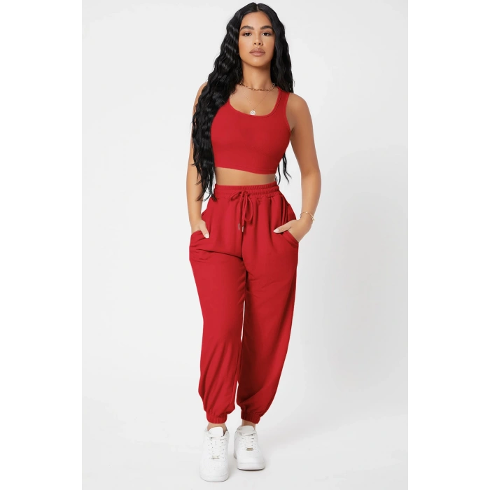 MARSiLYAN- Kadın Kırmızı Kaşkorse Cepli Jogger Eşofman Altı ve Crop Top Bluz