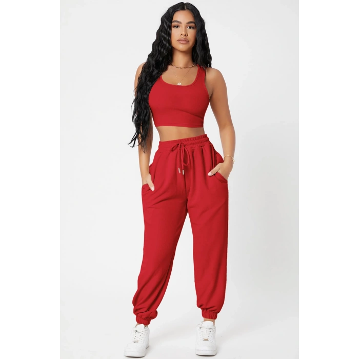 MARSiLYAN- Kadın Kırmızı Kaşkorse Cepli Jogger Eşofman Altı ve Crop Top Bluz