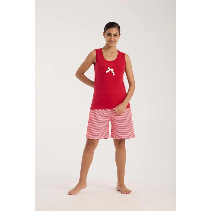 MARSiLYAN- Kadın Kırmızı Kurdele Detaylı Çizgili Şortlu Pijama Takımı