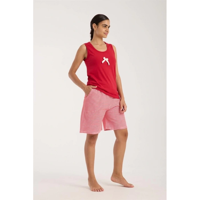 MARSiLYAN- Kadın Kırmızı Kurdele Detaylı Çizgili Şortlu Pijama Takımı