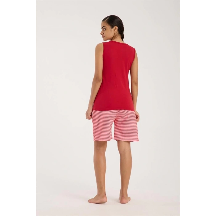 MARSiLYAN- Kadın Kırmızı Kurdele Detaylı Çizgili Şortlu Pijama Takımı