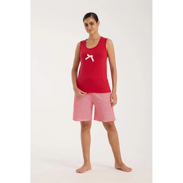 MARSiLYAN- Kadın Kırmızı Kurdele Detaylı Çizgili Şortlu Pijama Takımı