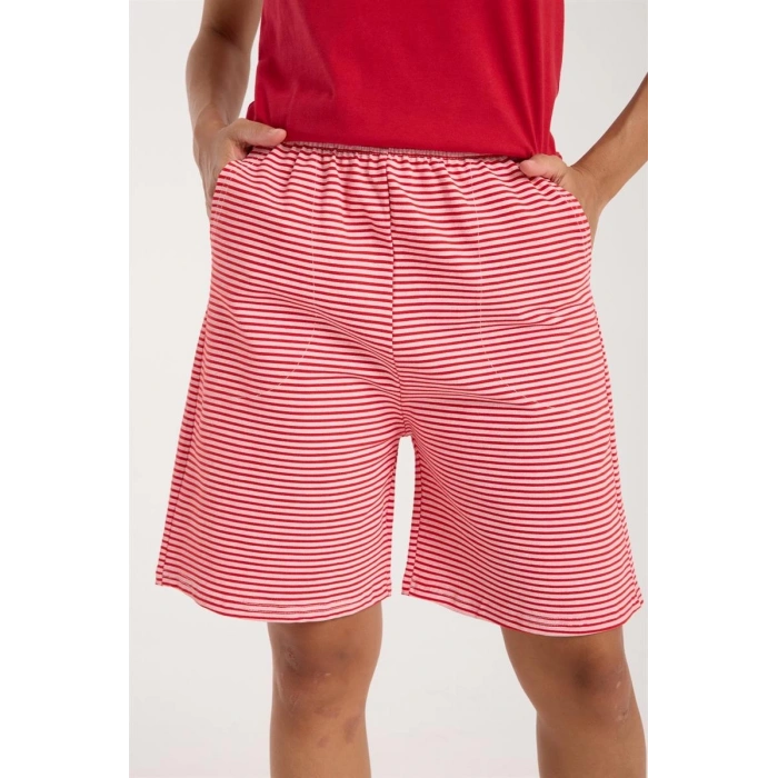 MARSiLYAN- Kadın Kırmızı Kurdele Detaylı Çizgili Şortlu Pijama Takımı