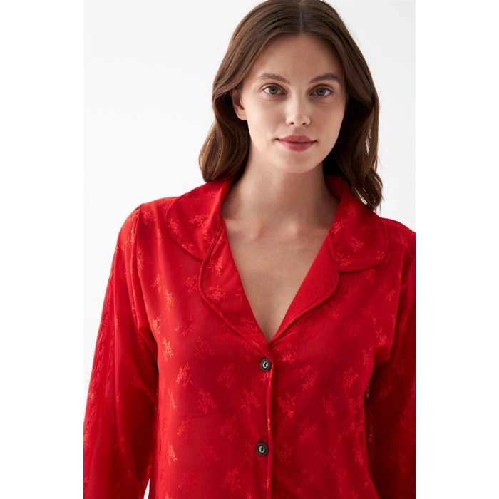 MARSiLYAN- Kadın Kırmızı Şeffaf Jakar Düğmeli Pijama Takımı