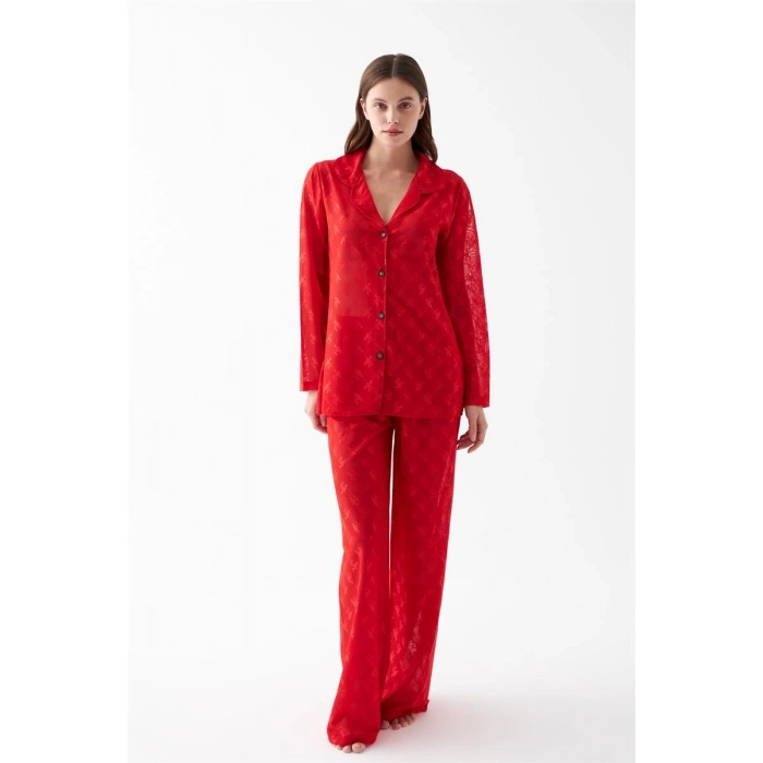 MARSiLYAN- Kadın Kırmızı Şeffaf Jakar Düğmeli Pijama Takımı