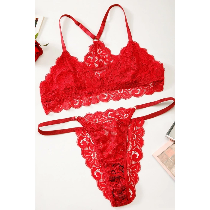 MARSiLYAN- Kadın Kırmızı Sırtı Dantel ve İp Detaylı Şık Sütyen Külot Takımı