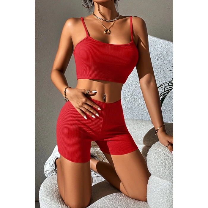 MARSiLYAN- Kadın Kırmızı Şortlu Kaşkorse Gecelik Takım