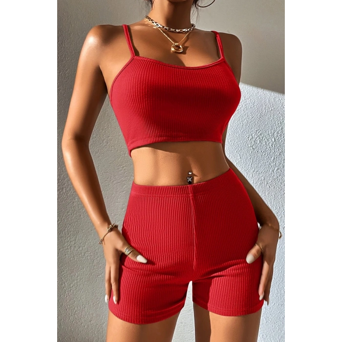 MARSiLYAN- Kadın Kırmızı Şortlu Kaşkorse Gecelik Takım