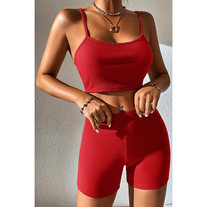MARSiLYAN- Kadın Kırmızı Şortlu Kaşkorse Gecelik Takım