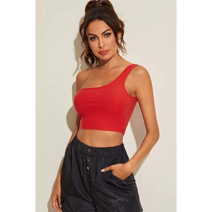 MARSiLYAN- Kadın Kırmızı Tek Omuz Crop Büstiyer