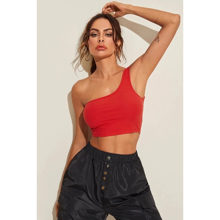 MARSiLYAN- Kadın Kırmızı Tek Omuz Crop Büstiyer