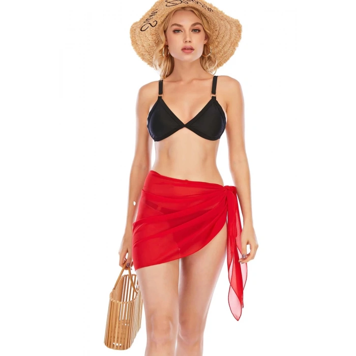 MARSiLYAN- Kadın Kırmızı Transparan Belden Bağlamalı Pareo