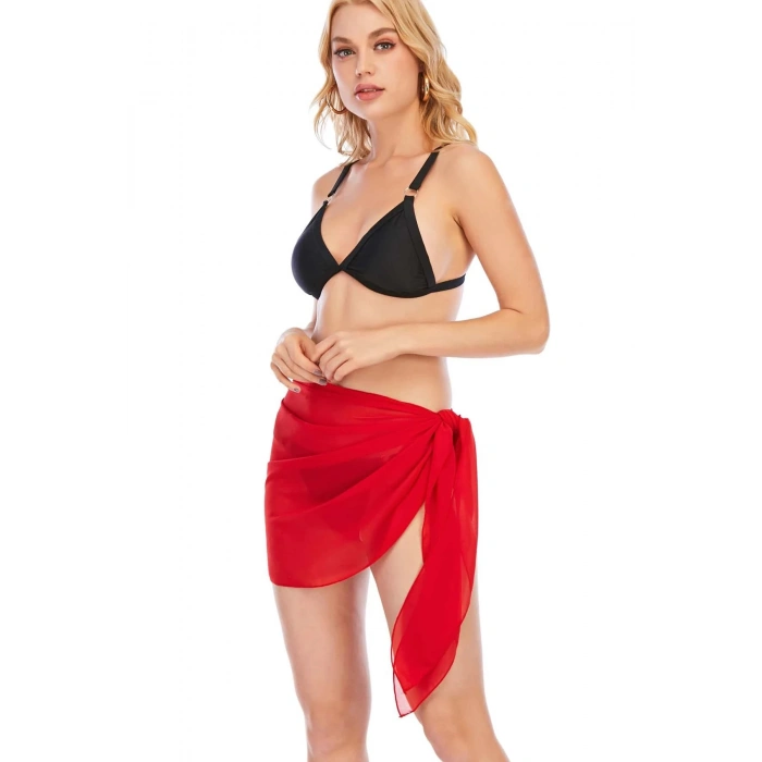 MARSiLYAN- Kadın Kırmızı Transparan Belden Bağlamalı Pareo