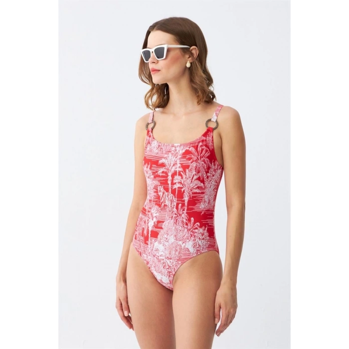 MARSiLYAN- Kadın Kırmızı Tropikal Desenli Aksesuar Askılı Tek Parça Mayo