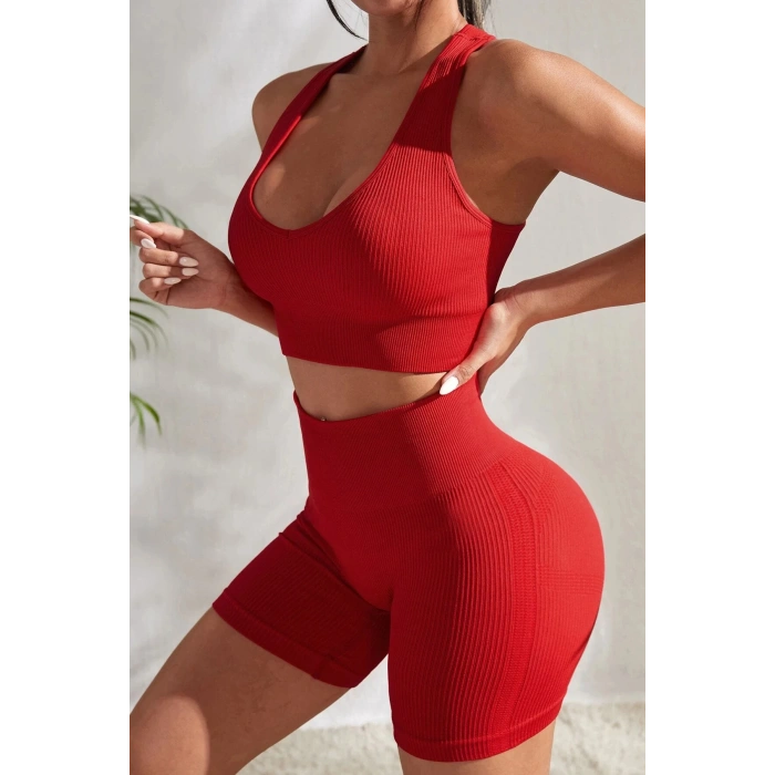MARSiLYAN- Kadın Kırmızı Yüksek Bel Çapraz Sırt Detaylı Şortlu Gecelik Takım