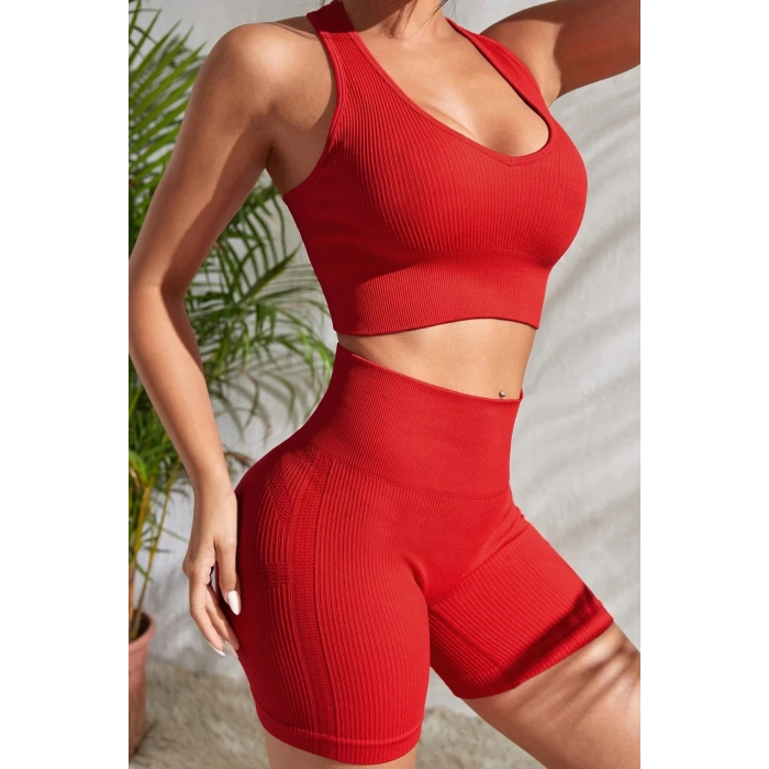 MARSiLYAN- Kadın Kırmızı Yüksek Bel Çapraz Sırt Detaylı Şortlu Gecelik Takım