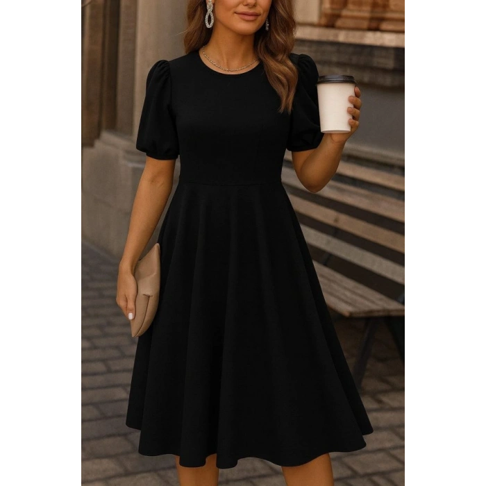 MARSiLYAN- Kadın Kısa Balon Kollu Bisiklet Yaka Geniş Kesim Janjan Krep Elbise