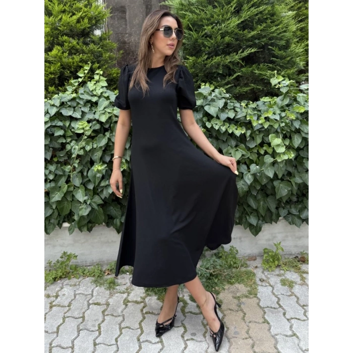 MARSiLYAN- Kadın Kısa Balon Kollu Bisiklet Yaka Geniş Kesim Janjan Krep Elbise