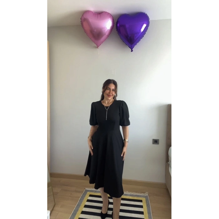 MARSiLYAN- Kadın Kısa Balon Kollu Bisiklet Yaka Kiloş Janjan Krep Elbise