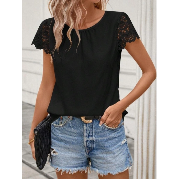 MARSiLYAN- Kadın Kısa Dantel Kollu Bisiklet Yaka Sandy Bluz