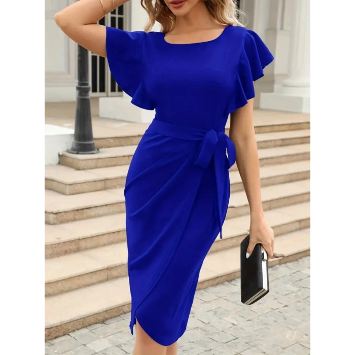 MARSiLYAN- Kadın Kısa Fırfır Kollu Yakası Açık Belden Kuşaklı çapraz Kesim Detaylı Ithal Krep Elbise