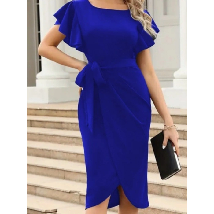 MARSiLYAN- Kadın Kısa Fırfır Kollu Yakası Açık Belden Kuşaklı çapraz Kesim Detaylı Ithal Krep Elbise