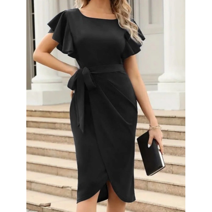 MARSiLYAN- Kadın Kısa Fırfır Kollu Yakası Açık Belden Kuşaklı çapraz Kesim Detaylı Ithal Krep Elbise