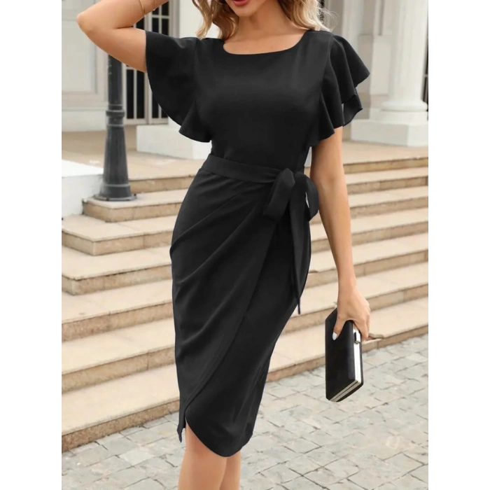 MARSiLYAN- Kadın Kısa Fırfır Kollu Yakası Açık Belden Kuşaklı çapraz Kesim Detaylı Ithal Krep Elbise