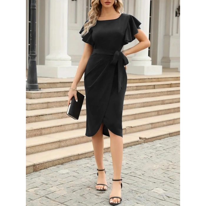 MARSiLYAN- Kadın Kısa Fırfır Kollu Yakası Açık Belden Kuşaklı çapraz Kesim Detaylı Ithal Krep Elbise