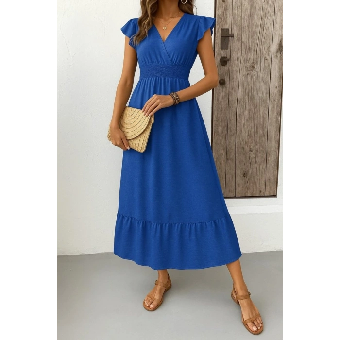 MARSiLYAN- Kadın Kısa Kelebek Kollu Kruvaze Yakalı Beli Lastikli Aerobin Elbise