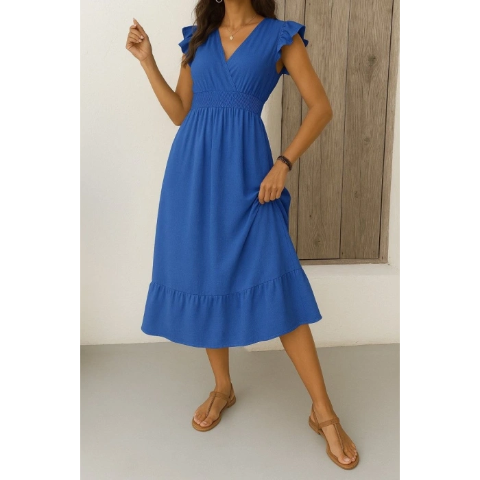 MARSiLYAN- Kadın Kısa Kelebek Kollu Kruvaze Yakalı Beli Lastikli Aerobin Elbise