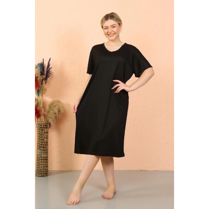 MARSiLYAN- Kadın Kısa Kol Diz Altı Over Size Siyah Ev Elbisesi - Geceliği