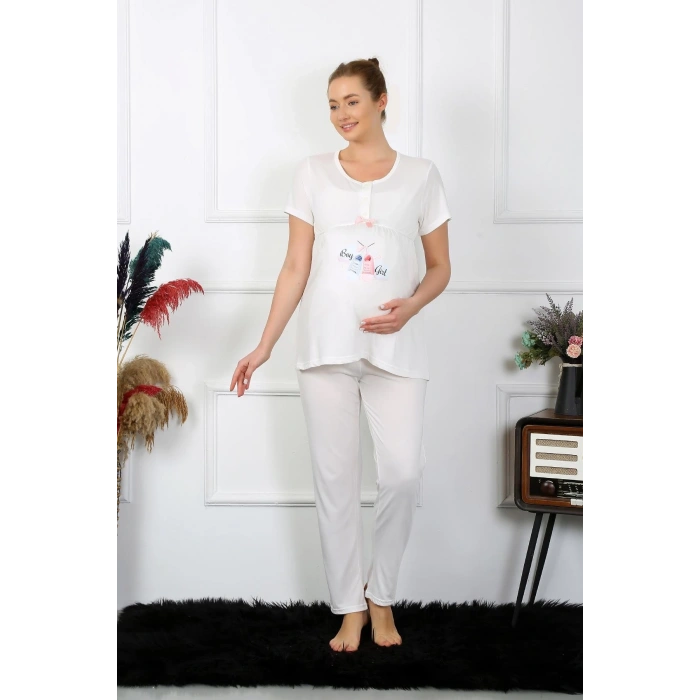 MARSiLYAN- Kadın Kısa Kol Hamile Lohusa Pijama Takımı Ekru