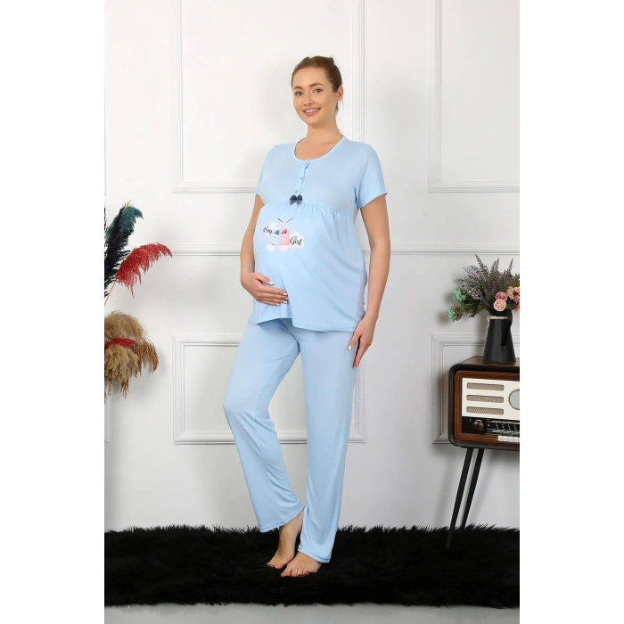 MARSiLYAN- Kadın Kısa Kol Hamile Lohusa Pijama Takımı Mavi