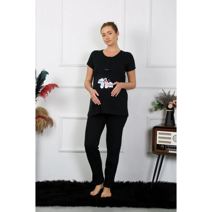 MARSiLYAN- Kadın Kısa Kol Hamile Lohusa Pijama Takımı Siyah