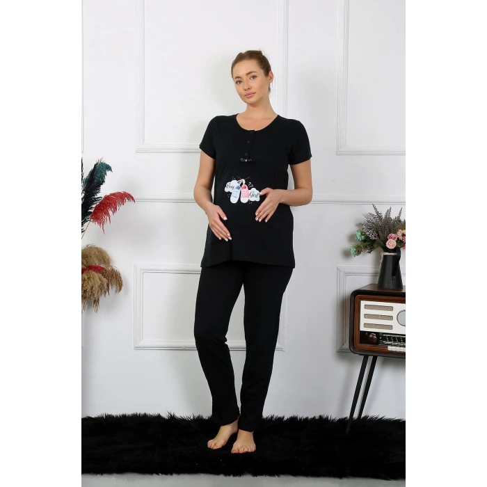 MARSiLYAN- Kadın Kısa Kol Hamile Lohusa Pijama Takımı Siyah