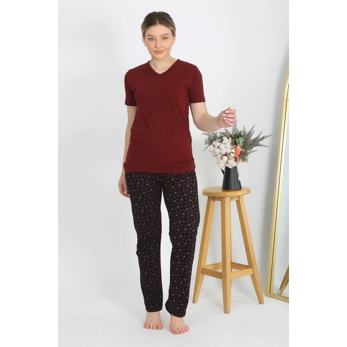 MARSiLYAN- Kadın Kısa Kol Pamuk Penye Pijama Takım Bordo