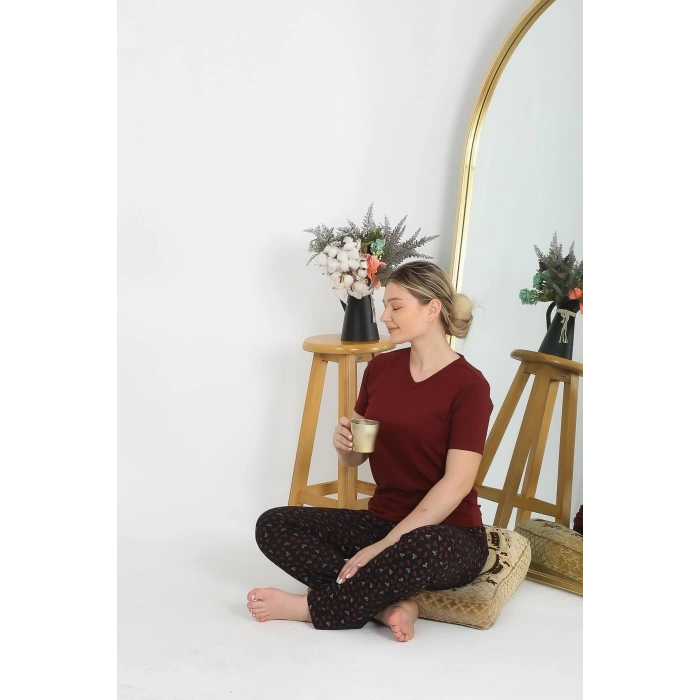 MARSiLYAN- Kadın Kısa Kol Pamuk Penye Pijama Takım Bordo