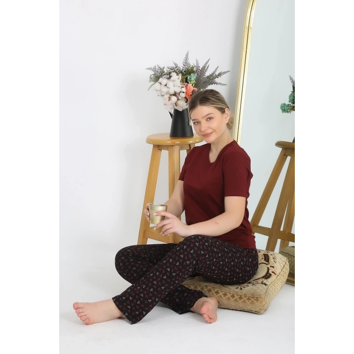 MARSiLYAN- Kadın Kısa Kol Pamuk Penye Pijama Takım Bordo