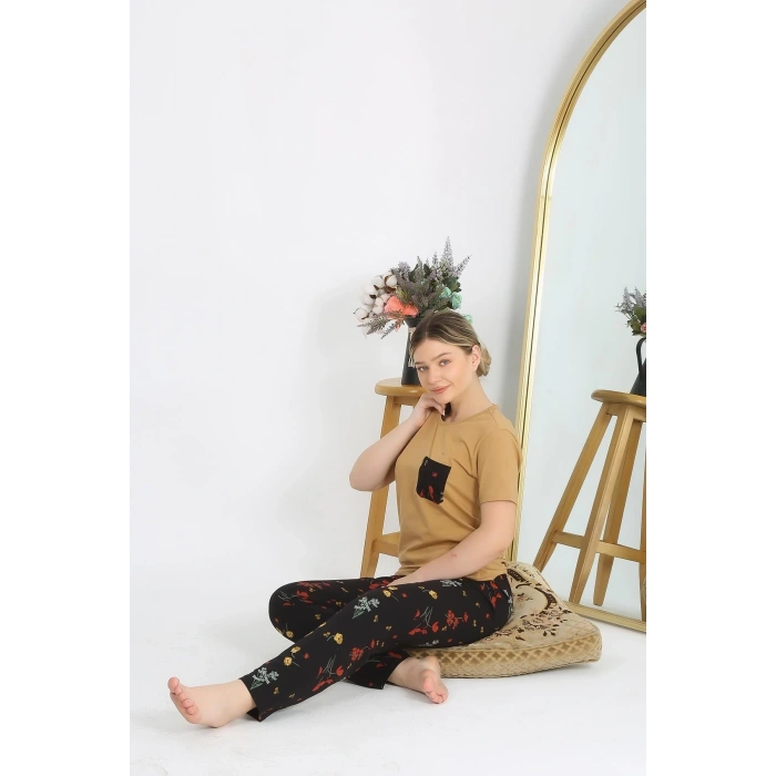 MARSiLYAN- Kadın Kısa Kol Pamuk Penye Pijama Takım Hardal