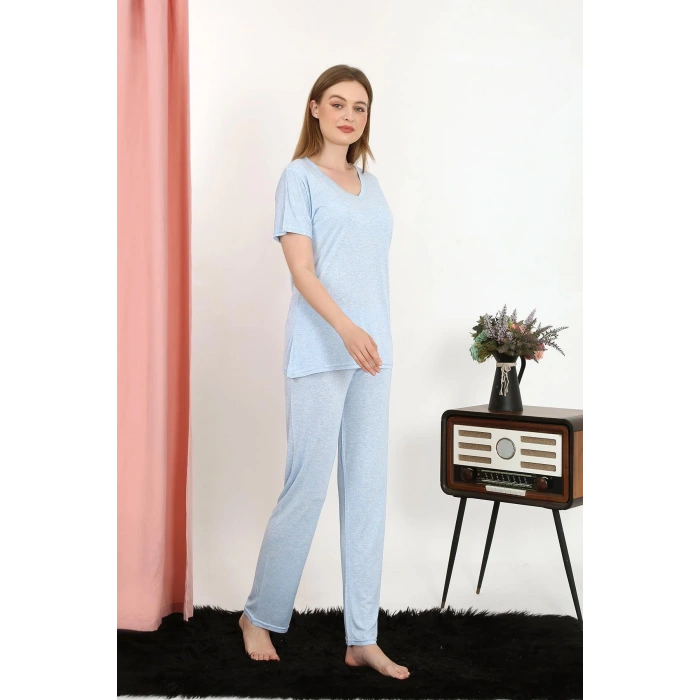 MARSiLYAN- Kadın Kısa Kol Pamuk Penye Pijama Takım Mavi