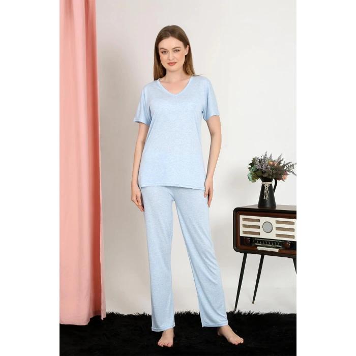 MARSiLYAN- Kadın Kısa Kol Pamuk Penye Pijama Takım Mavi