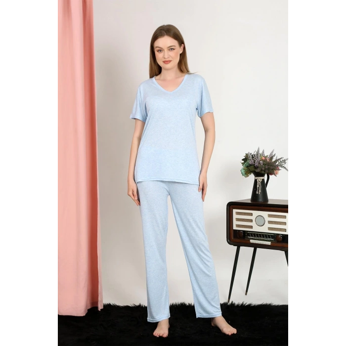 MARSiLYAN- Kadın Kısa Kol Pamuk Penye Pijama Takım Mavi