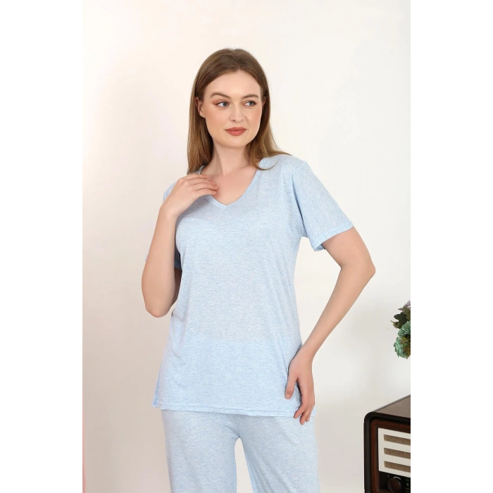 MARSiLYAN- Kadın Kısa Kol Pamuk Penye Pijama Takım Mavi